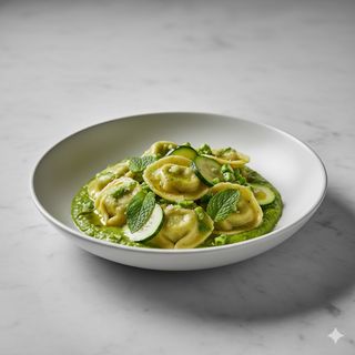 Cappellacci agli asparagi con crema di ricotta, zucchine e mentuccia