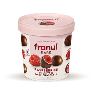 ფრანუი: ჟოლო ამოვლებული შავ და თეთრ შოკოლადში; 150 გრამი