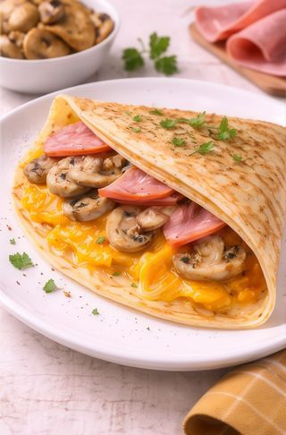 Naleśnik z szynką, pieczarkami i serem cheddar