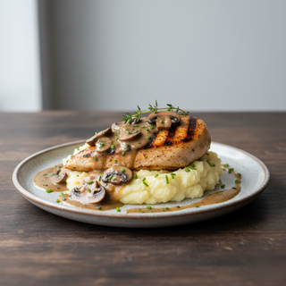 Piept de pui la gratar cu piure de cartofi si sos de ciuperci