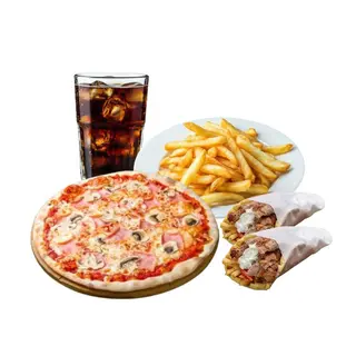 Rollos o Pitas + 2 Campero + 2 Pizza Mediana +Patatas+Coca-Cola(2 lt.)