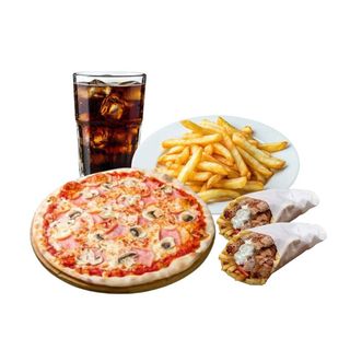 Rollos o Pitas + 2 Campero + 2 Pizza Mediana +Patatas+Coca-Cola(2 lt.)