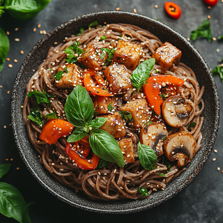 Vietnamese Soba Noodles with onions, peppers & mushrooms