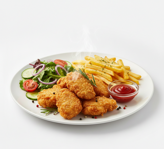 Pui Shanghai cu cartofi prăjiți și salată