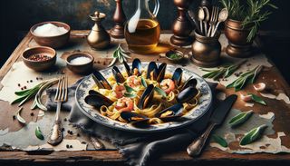 Paste proaspete cu midii și creveți cu sos de unt cu vin și salvie