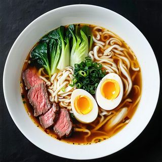 Ramen in brodo con manzo, verdure e uova