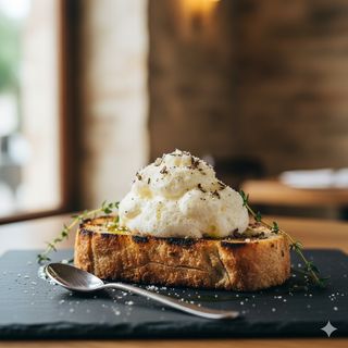 Crostone di pane con spuma di pecorino, miele, fico fresco e coriandoli di guanciale croccante
