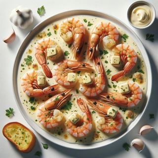 Krewetki z patelni z masłem, śmietanką, czosnkiem i pietruszką,