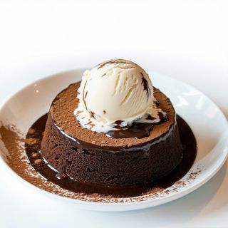 Home-made chocolate cake with ice cream