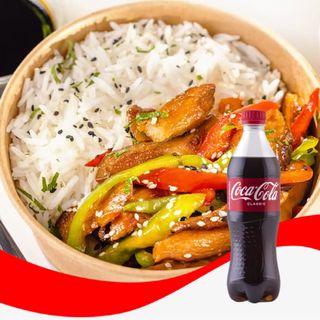 ფახიტასი თეთრი ბრინჯით და სოიოს სოუსი + კოკა-კოლა კლასიკი - 0,5ლ