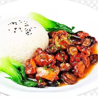 Bol de arroz con ternera con bambú y setas 