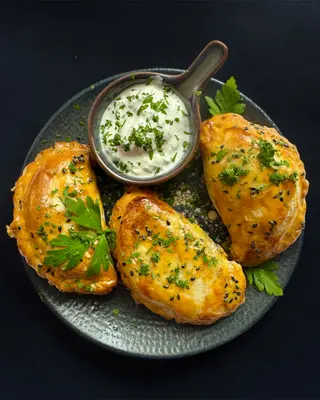 Samsa. 3 pieces per serving. Puff pastry, cooked without oil.