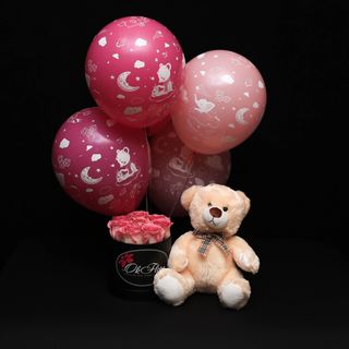 Set Ursuleț Mediu. Baloane Roz pentru Fetițe și Cutie Mică cu Trandafiri
