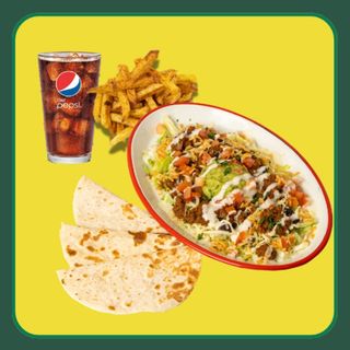 Burrito en Bol + Patatas o Nachos con Queso + Bebida