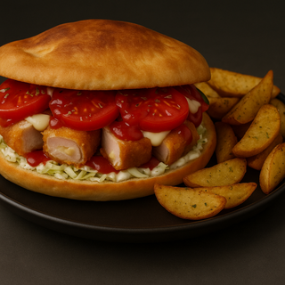 Bagheta cu gordon bleu de curcan + cartofi wedges 650g + bautura la alegere