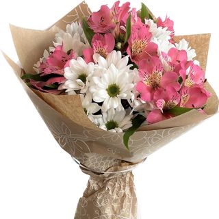 Букет алстромерия и хризантеми микс (бяло и розово) с опаковка