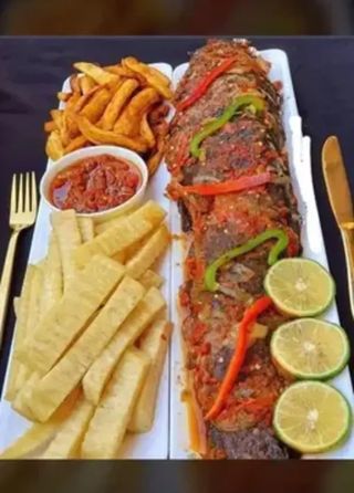 Barbecue Fish With Chips And Plantain