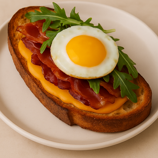 Tostada con crema de queso cheddar,rúcula,bacon y huevo a la plancha