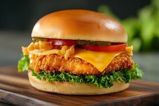 Crispy Cheeseburger servit cartofi prăjiți și sos de maioneza hey