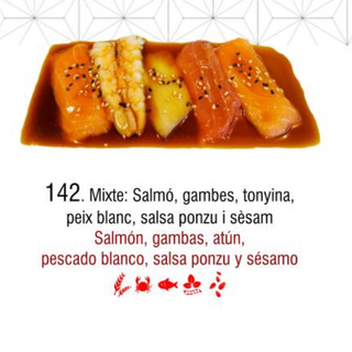 142. Mixta. Salmón atún gamba pez blanco salsa ponzu 