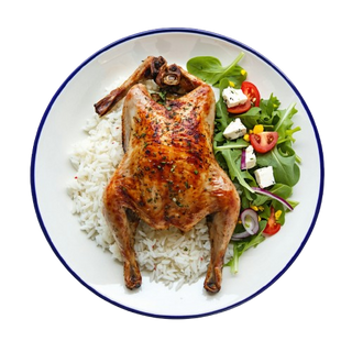2 Pollo A L'Ast Entero Con Arroz Y Ensalada Queso De Cabra