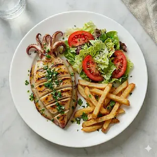 Calamares A La Plancha, Ensalada Y Patatas