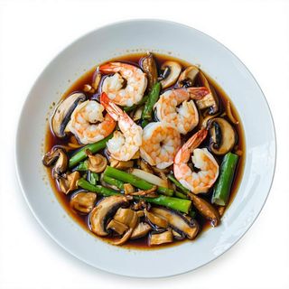 Gambas Con Bambú Y Setas Chinas A La Plancha