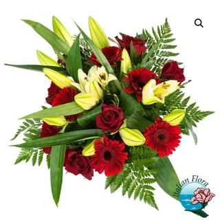 Bouquet di gerbere rosse, rose rosse e gigli gialli