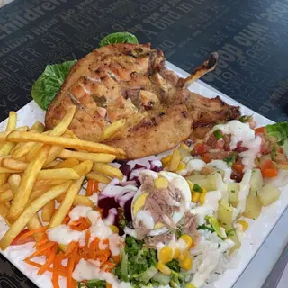 ¼ Poulet Grille + Frites + Riz + Sauce