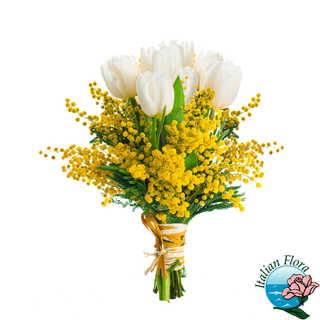 Cestino di tulipani bianchi e mimosa