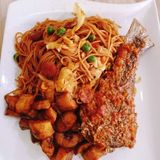 Spaghetti + Plantain + Croaker fish