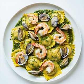 Ravioli con pesto, gamberi, pesce spada e vongole
