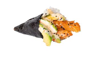 Temaki de gambas fritas, ensalada y mayonesa picante (ud)