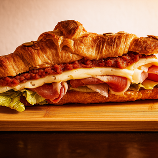 Croissant jamón serrano, queso gouda y pesto de tomates secos