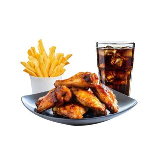 2 Piezas de Pollo y 3 Alitas, Patatas y Bebida