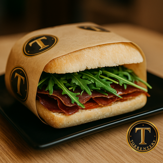 Bocadillo de panceta ibérica ahumada con tomate, queso, rúcula y AOVE