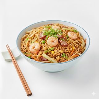 Spaghetti di riso saltati con gamberetti