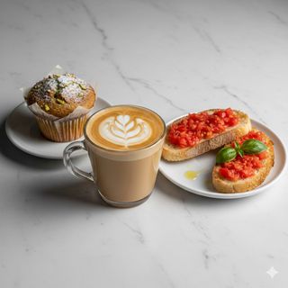 Combo Café Con Leche, tostada con tomate y muffin