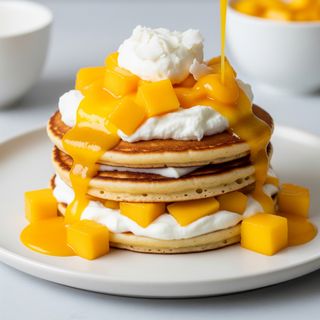 Pancake yogurt greco, salsa al mango, crema di cocco