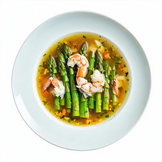 Zuppa con asparagi e polpa di granchio