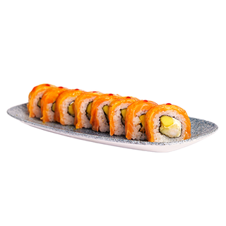 Uramaki z krewetkami w tempurze i opalanym łososiem spicy mango