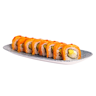 Uramaki z krewetkami w tempurze i opalanym łososiem spicy mango