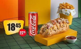 კომბო სპეც ჰოთ-დოგი ბრათვურსტი ამერიკული მდოგვის სოუსით