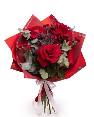 Buchet trandafiri roşii şi limonium