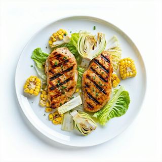 Due cotolette di pollo da 100 g con insalata iceberg, carciofi e mais