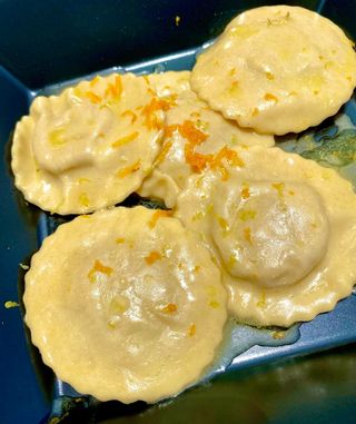 Panzerotti de Vieira, Gambas y Pistachio