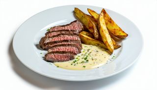 Baveta de vita cu cartofi spicy si sos cheddar