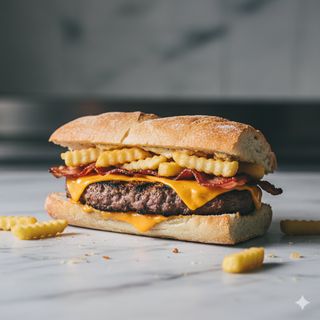 Panino hamburger, cheddar, bacon e patatine