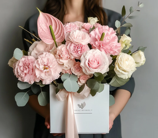 Aranjament floral în cutie trandafiri, lisianthus, minirose, anthurium
