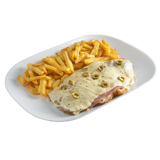 Milanesa de ternera fugazzeta con jamón york y patatas fritas